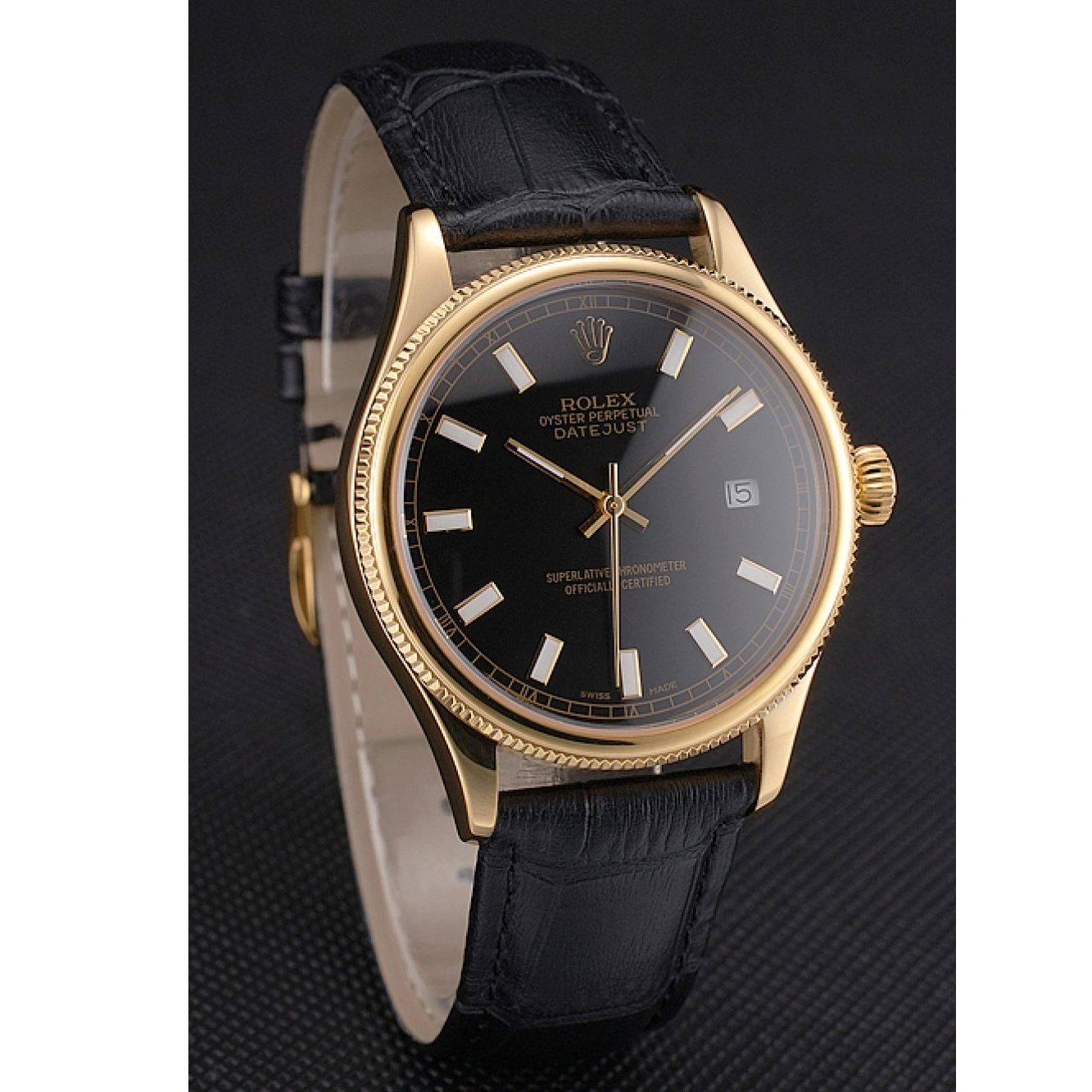 Rolex aaa copy Swiss Case Rolex Strap Leather Gold Black Black Datejust Dial 0626